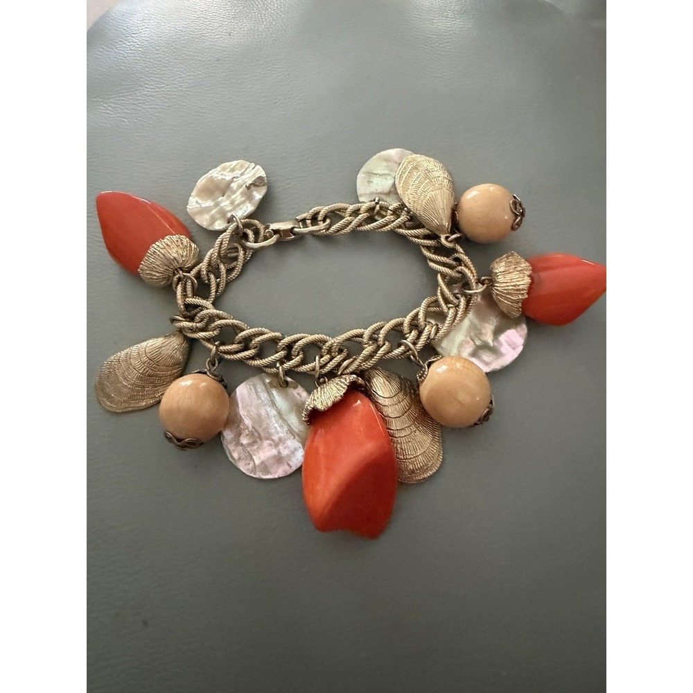 Vintage Orange Bakelite Mother of Pearl Shell Nautical Theme 7.5" Charm Bracelet